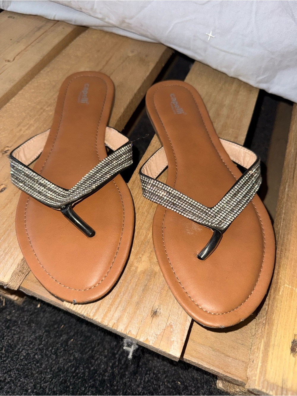 Women's Tan Rhinestone Thong Sandals